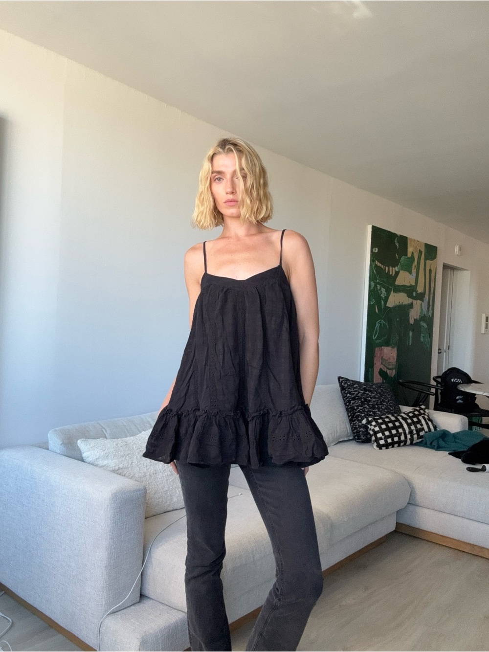 Forever 21 Black Cotton Eyelet Babydoll Cami Ruffle Hem Top Small